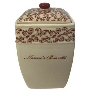 Nonnis Stoneware Canister  Sugar Red Beige Floral  8 1/2" X 5" x 5"